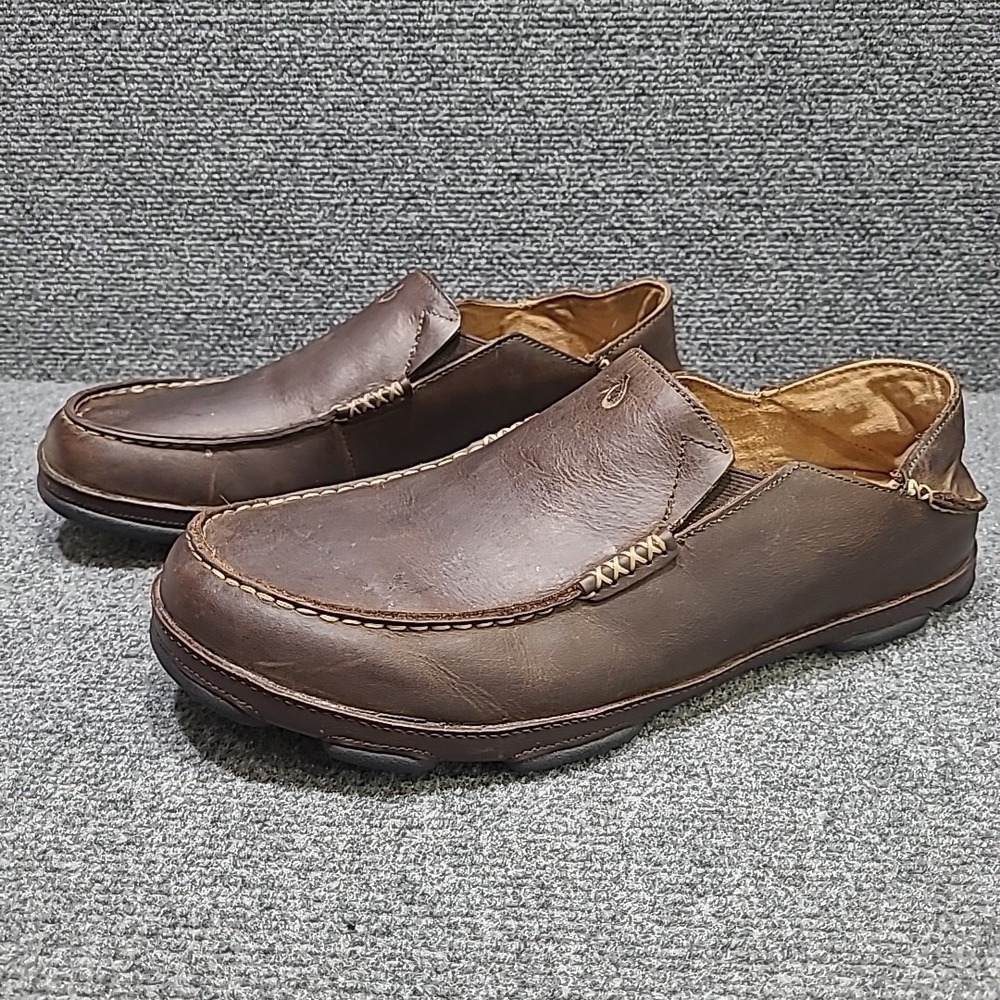 OluKai Moloa Leather Slip Ons Loafers Shoes Mens Brown US 13 / EU 46 (WORN 1X)